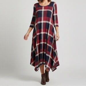 Reborn Navy Burgundy Cream Plaid Handkerchief Hem Maxi Dress - Size Large XL